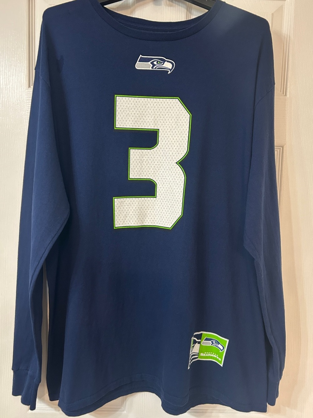 Majestic Seattle Seahawks Long Sleeve Number 3 Tee - Navy, White, Neon Green